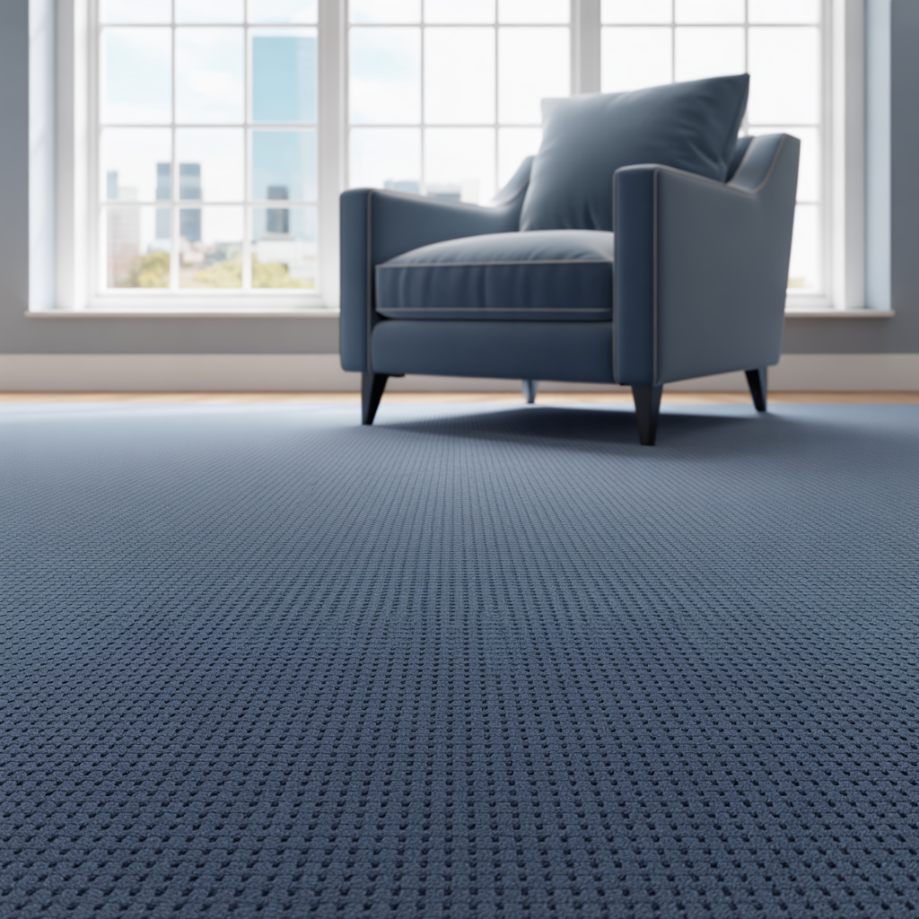 Illustration of smooth blue carpet in a bright sitting room